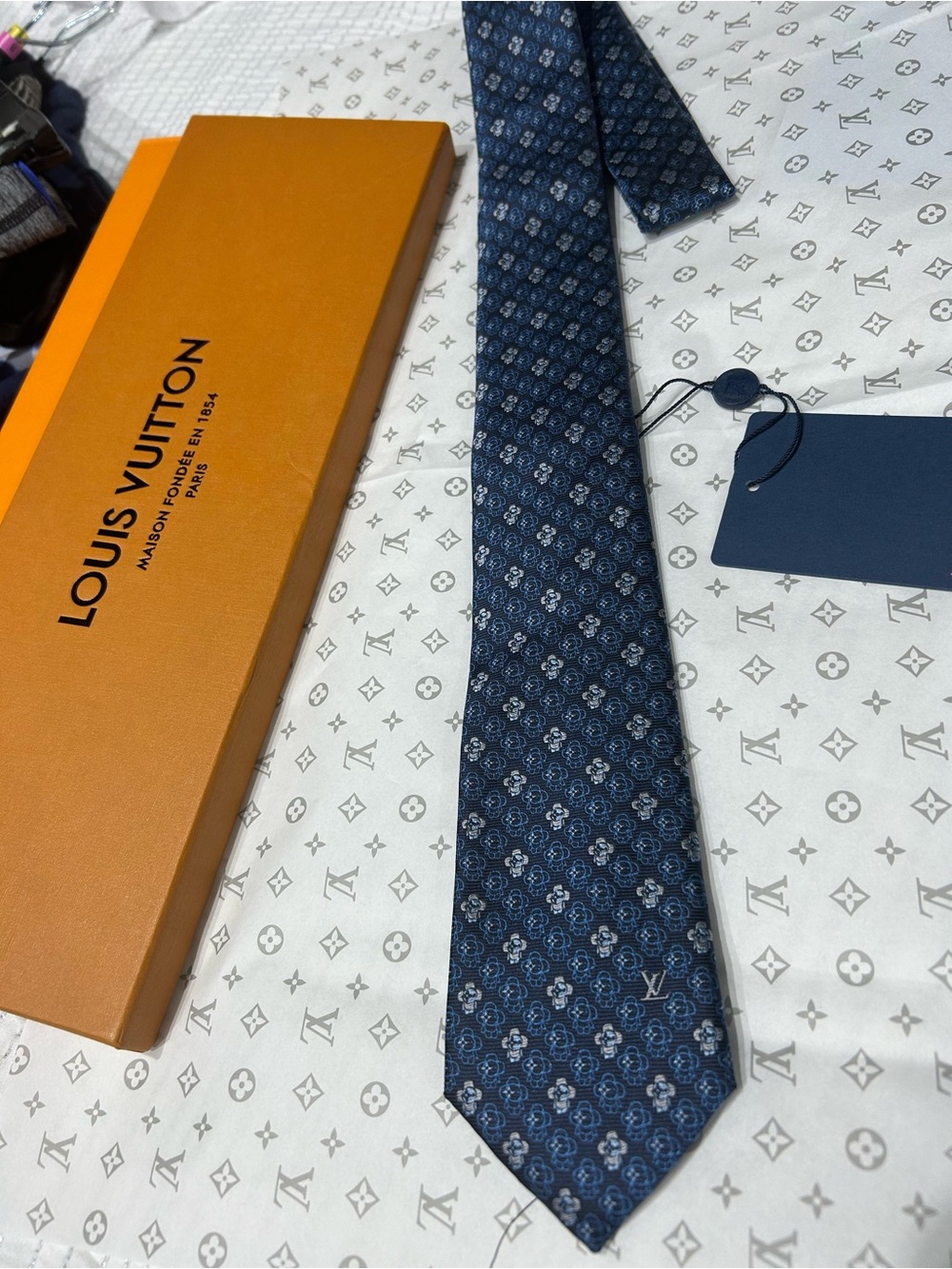Louis Vuitton Navy Blue Monogram Pattern Silk Tie